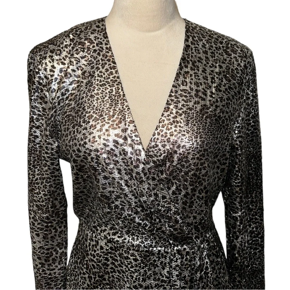 Nwt Ronny Kobo Jerry Leopard Print Cocktail Mini Dress Metallic Silver M - Picture 11 of 17